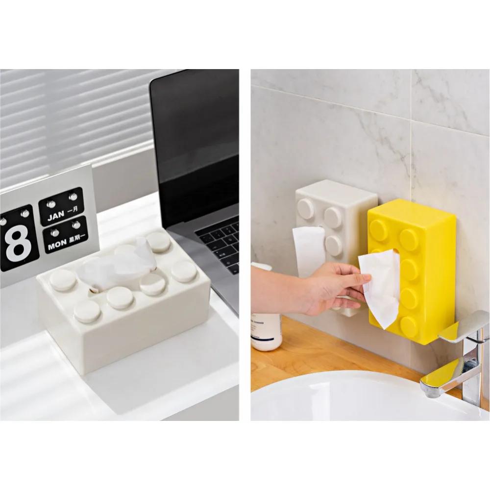 1PC Creative Cartoon Building Blocks Paper Towel Box Desktop Household Napkins Extraction Paper Storage Box Spring