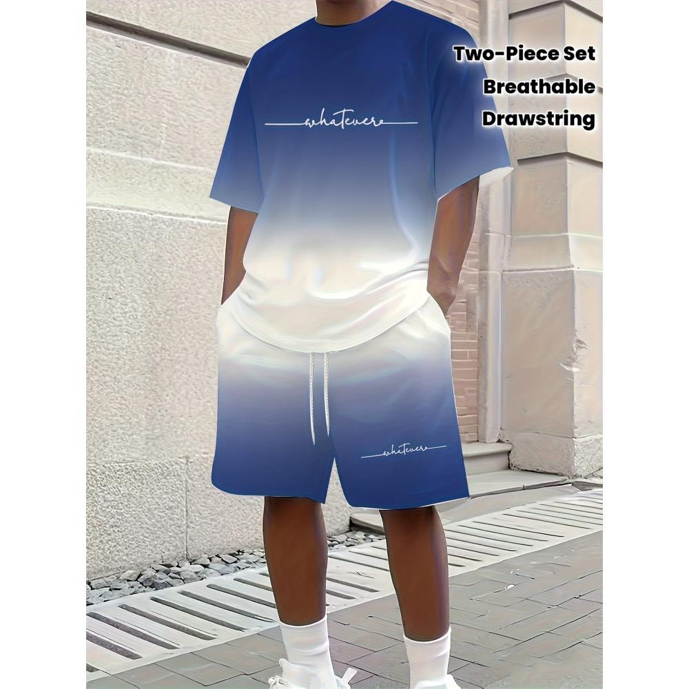 Men s gradient blue two-piece set, loose and breathable casual set 2XS