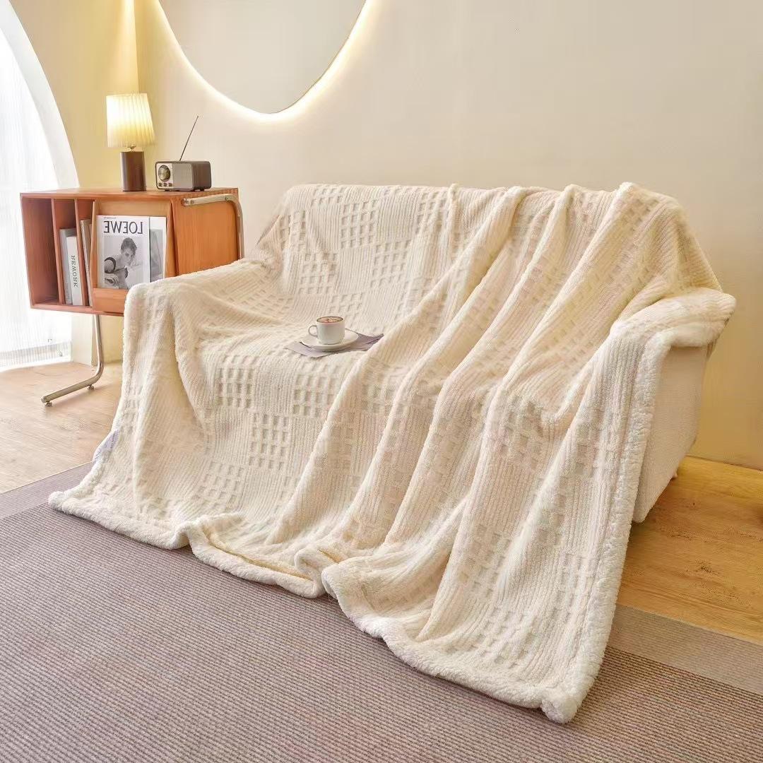 Double Layer Taffeta Fleece Blanket Grid Pattern Turned Edge Flannel Sofa Throw Winter Warm Gift 100x150Cm белый
