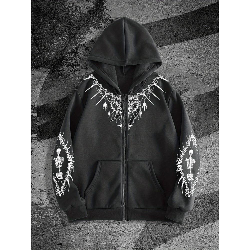 Męska gotycka bluza z kapturem na zamek z ciemnym nadrukiem, idealny wybór do modnego streetwearu, na co dzień i do modnych stylizacji.