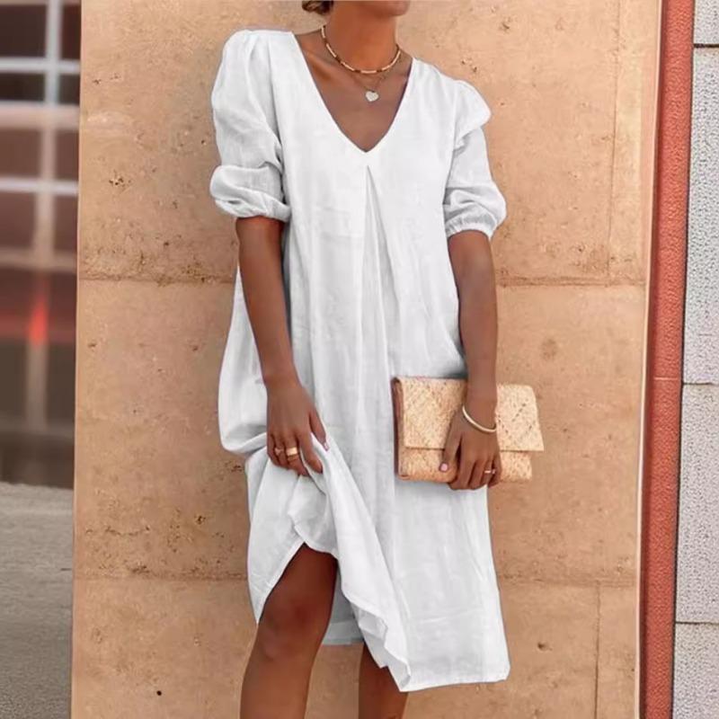 

Fashion Short Sleeve V Neck Casual Loose Summer Dress Women Elegant Solid Color Simple A-line Dresses Office Ladies Plus Size Women Clothing 3XL помаранчевий