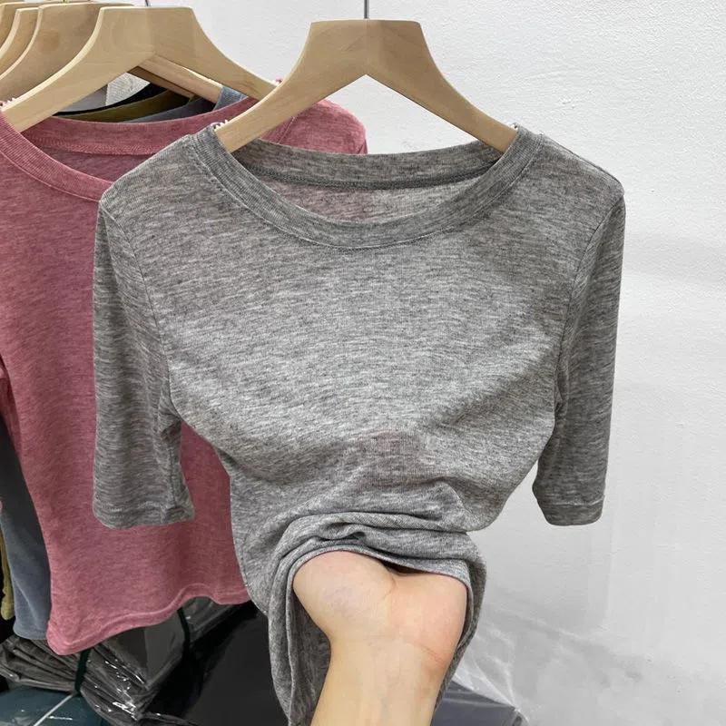 WTEMPO Round Collar Solid Thin Short Sleeve T-Shirts Women's Summer Korean Slim Casual All-match Tops Streetwear