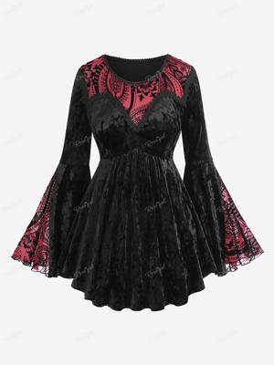 Rosegal Plus Size Appliques Lace Trim Flocked Flower Flare Sleeves Velvet T-shirt