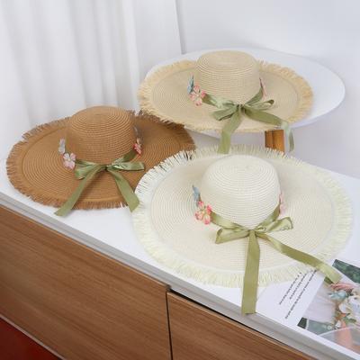 Straw Hat Women Summer Large Eave Sun Protection and Shading Artistic Rough Edge Seaside Vacation Butterfly Ribbon Sun Hat