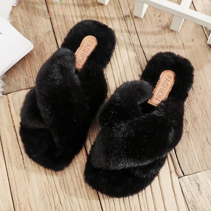 Women Warm Fluffy Slippers Cozy Faux Fur Cross Indoor Floor Slides Flat Soft Furry Ladies Female Celebrities Flip Flops