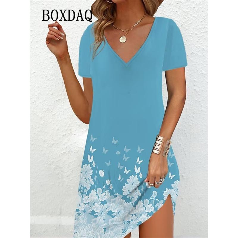 Women Casual Loose V-Neck Ladies Summer Print Party Women s New Summer Pullovers Short Sleeve Dress L