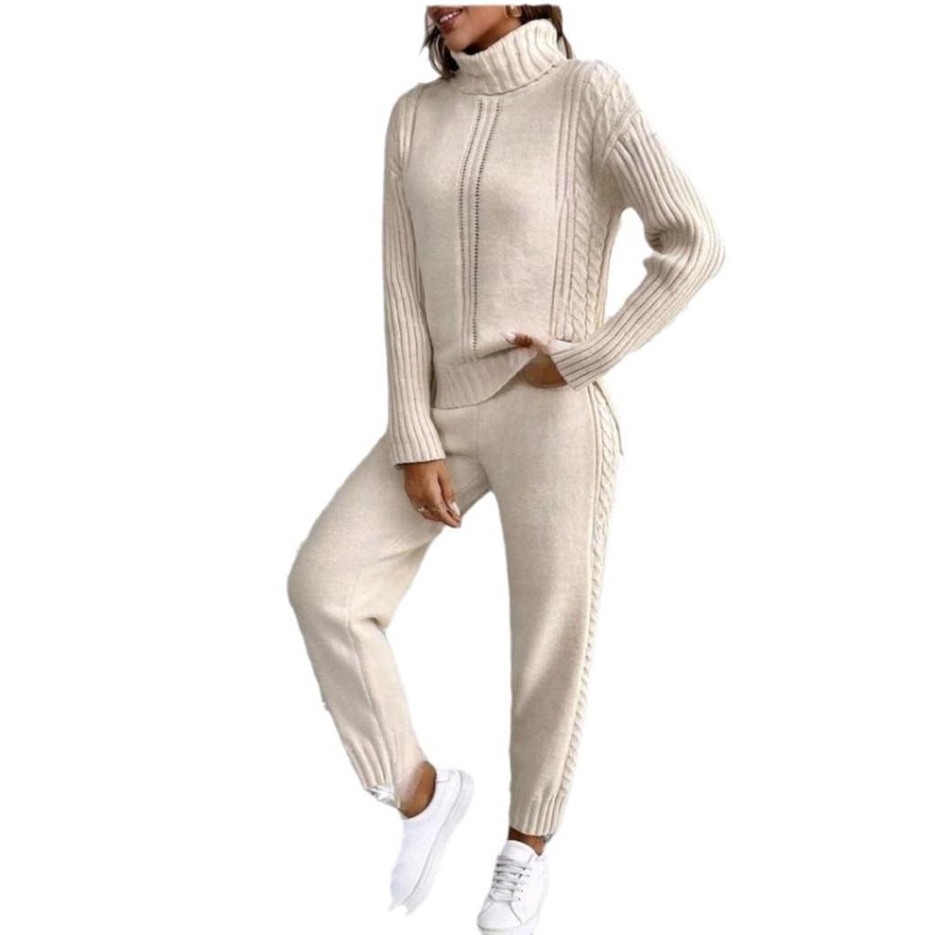 Cozy Autumn/Winter Two-Piece: Turtleneck Sweater & Loose Wide-Leg Pants for Women