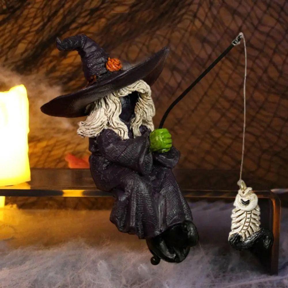 Resin Witch Figurines Funny Ghost Festival Ornament Fishing Witch Statue  Desktop