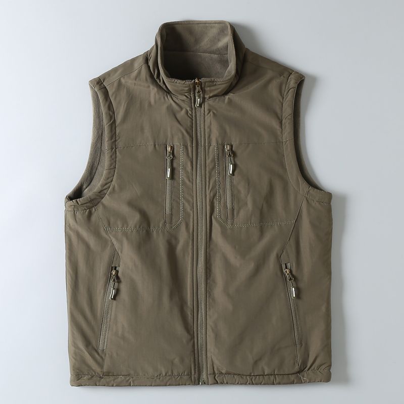 Original Foreign Trade Double-Sided American-Style Outdoor Windproof and Waterproof Stand-Collar Vest for Men, Warm Fleece Thermal Jacket Army Green M