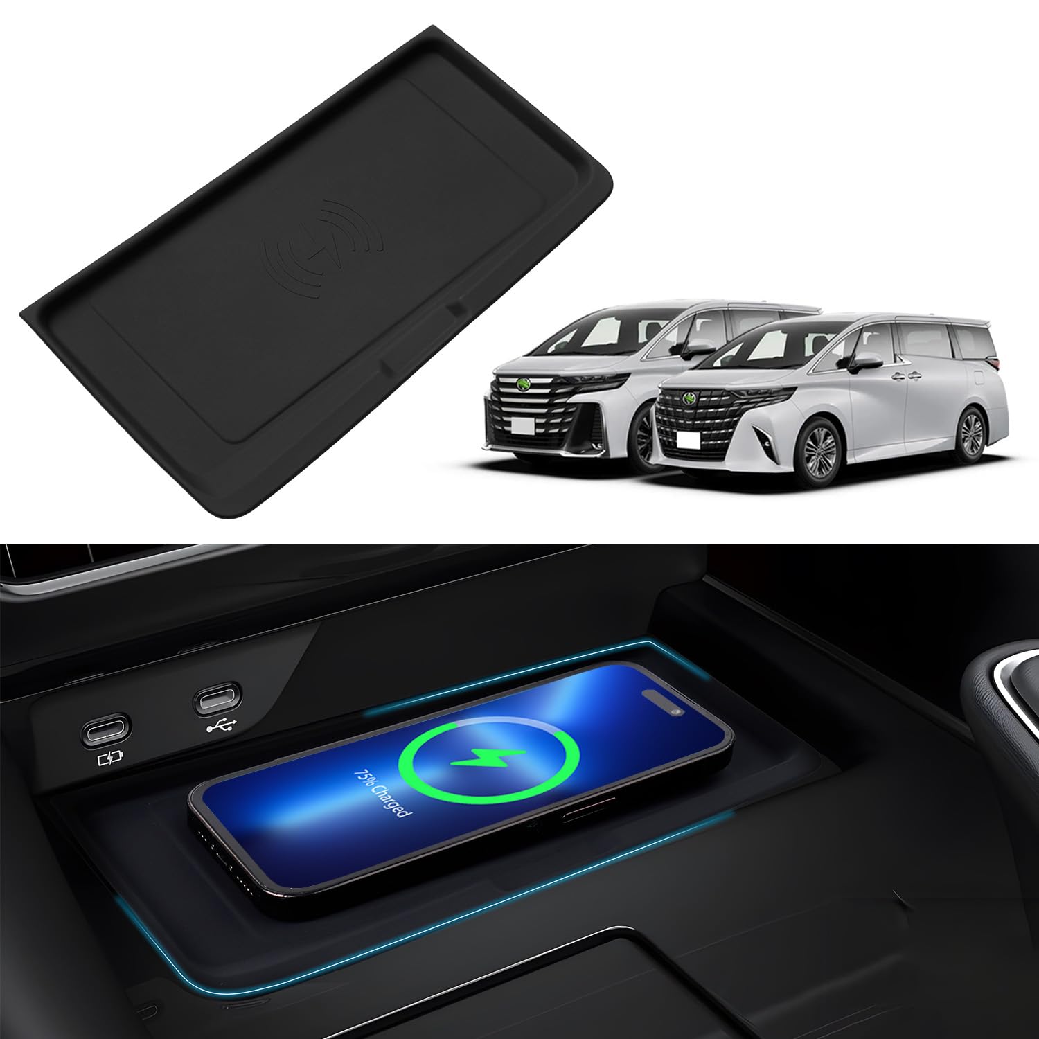 

Auto Spec Совместимый с Toyota New Alphard Vellfire 40 Series Коврик на открытый лоток Коврик для беспроводной зарядки Отделка центральной консоли Резиновый коврик 4-е поколение чёрный