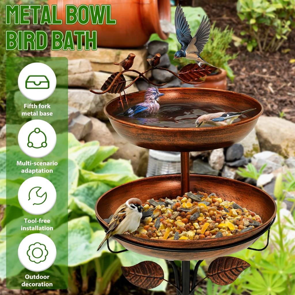 2-Layer Bird Feeder Iron Parrot Bird Birdtub with 5 Pronged Base Large Capacity Feeding Bird Bath Spike for Outdoor Garden Decor