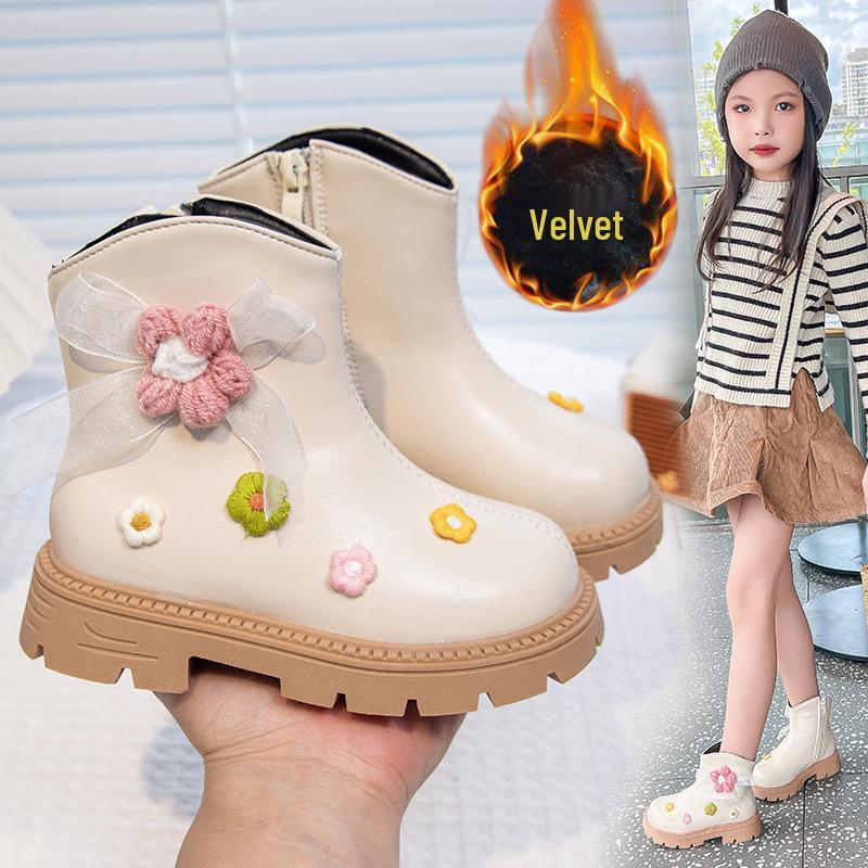 Beige Princess Ankle Boots for Girls - Soft Sole Leather, Non-Slip, 2025 New Style