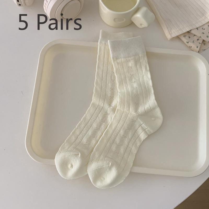 5 Pairs of Women Spring and Summer Thin Sweet Simple Bow In The Tube Pile Socks