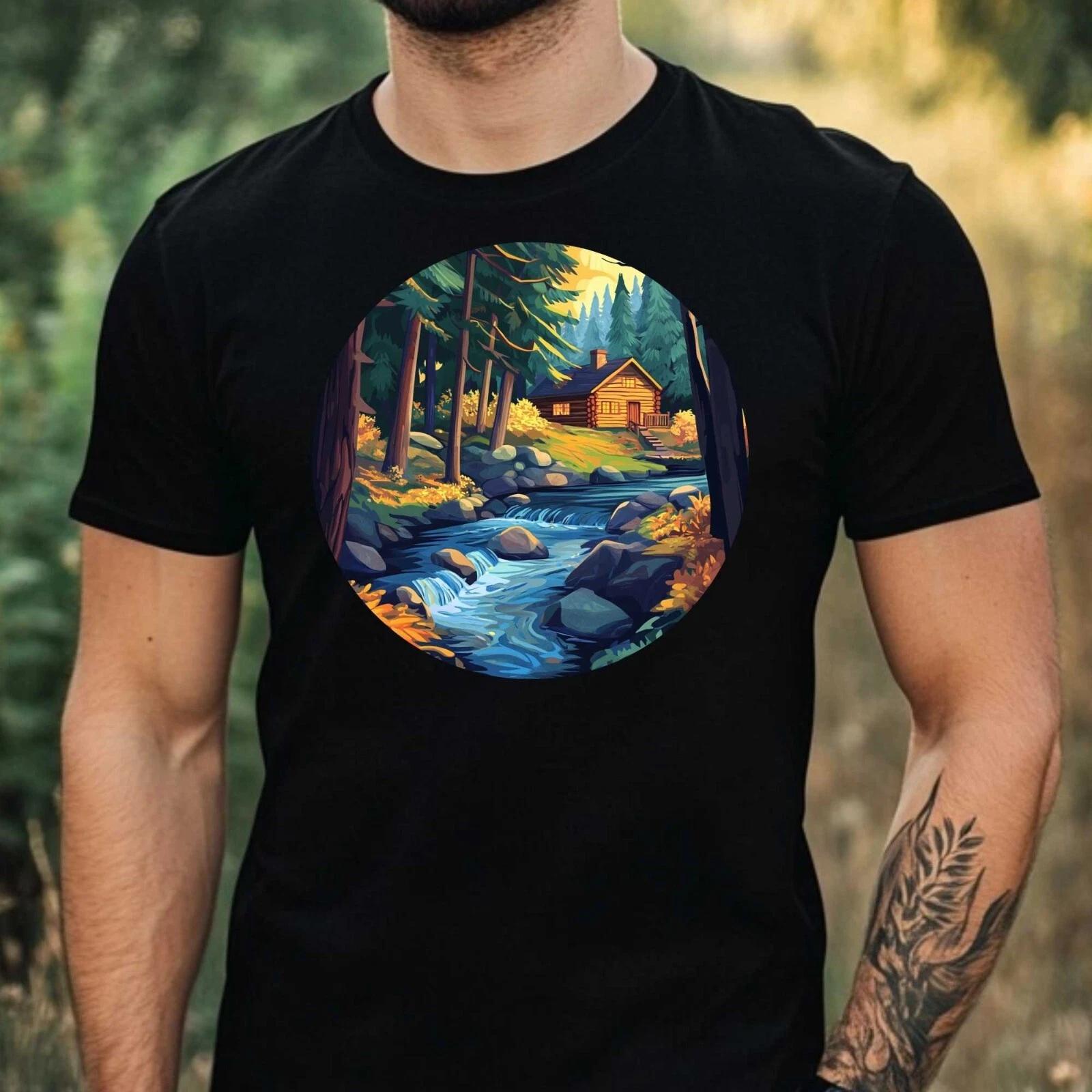 T-Shirt Herren Wald Hütte Motiv Baumwolle Größe XS bis 5XL XXXXL