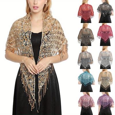 Hohles Dreieck Pailletten Spitze Stola Braut Hochzeit Damen Luxus Party Wickeltuch Weiblich Glänzend Glitzer Stola Club Schal mit Quaste
