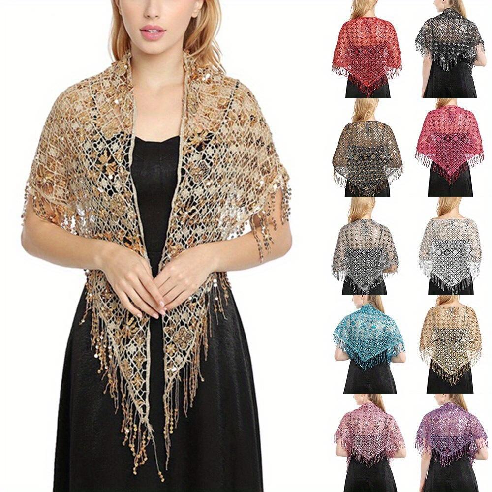 Hollow Triangle Sequin Lace Shawl Bridal Wedding Women Luxury Party Wrap Female Shiny Glitter Stole Club Scarf with Tassel