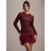 Women's European & American Sexy Formal Dress, Long Sleeve Solid Color Sequins Feather Evening Party Gown, Round Neck Cocktail Dress
