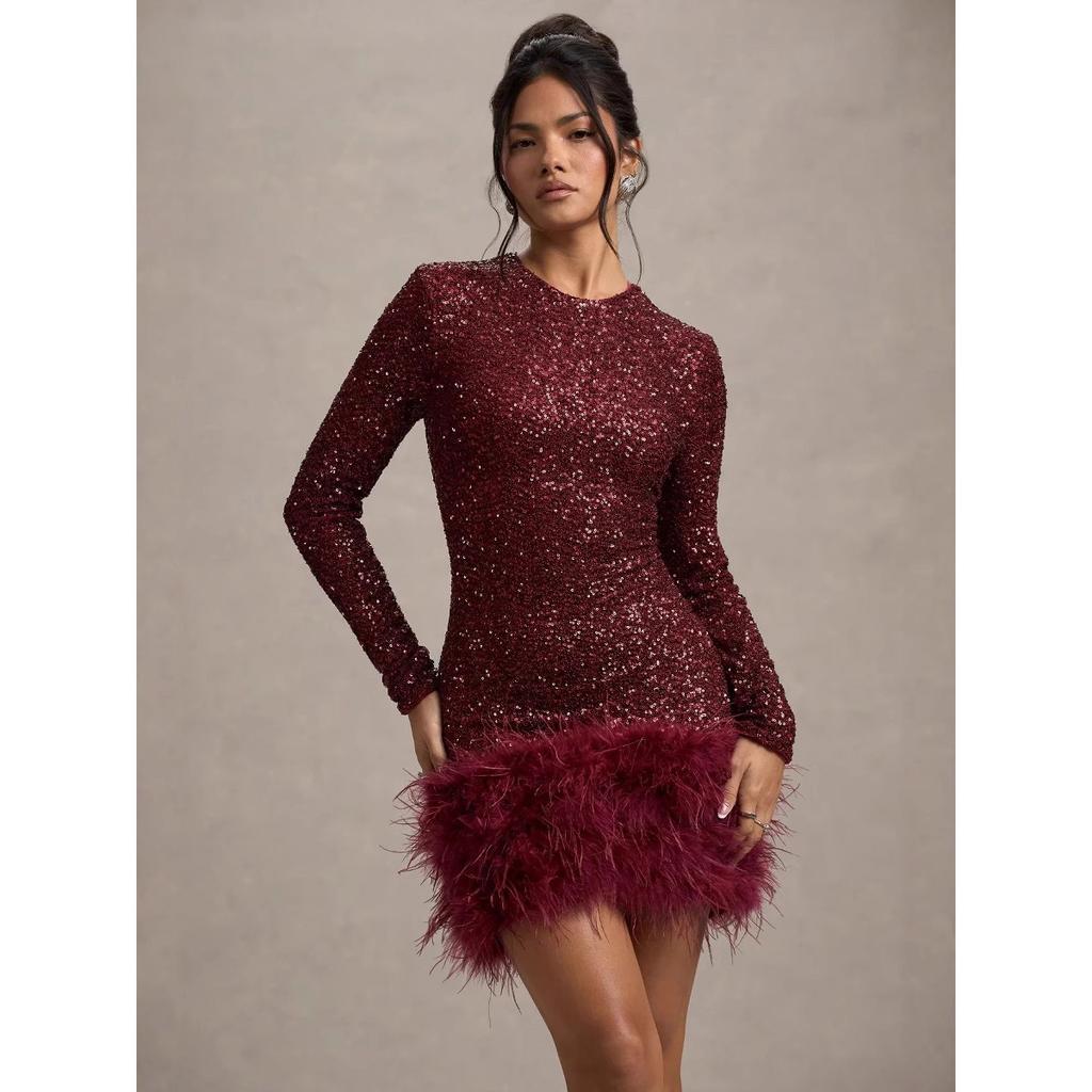 Women's European & American Sexy Formal Dress, Long Sleeve Solid Color Sequins Feather Evening Party Gown, Round Neck Cocktail Dress