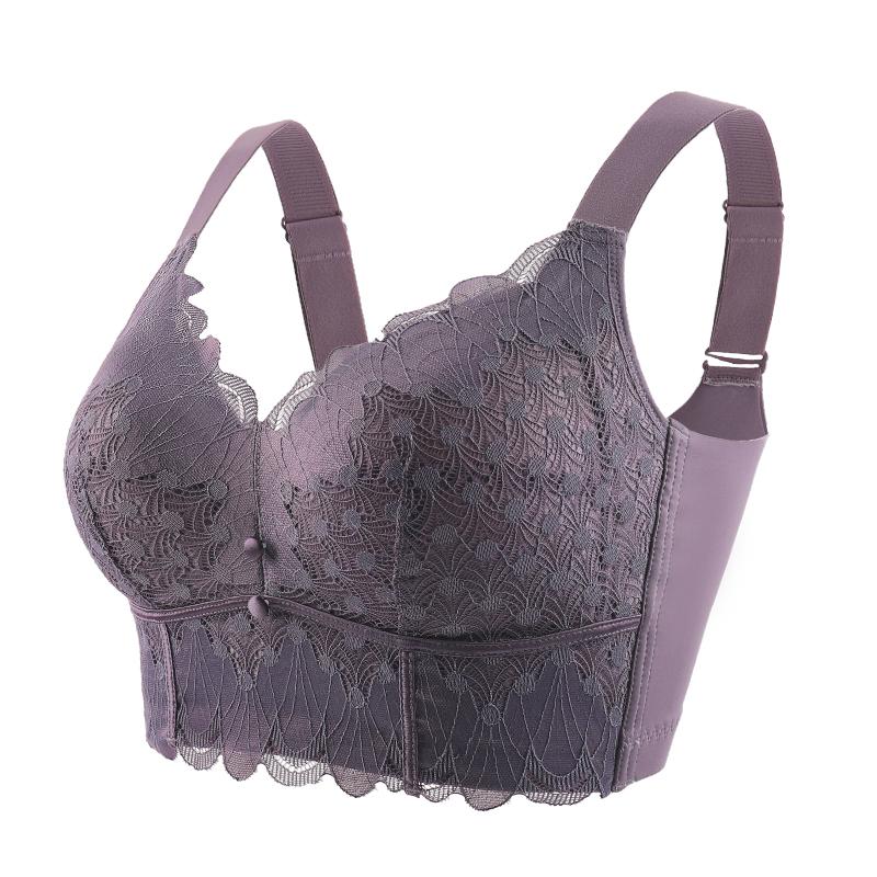 Large Chest Revealing Small Key Shaping Lace Bra with Gathered Front Button Wide Shoulder Strap Underwear