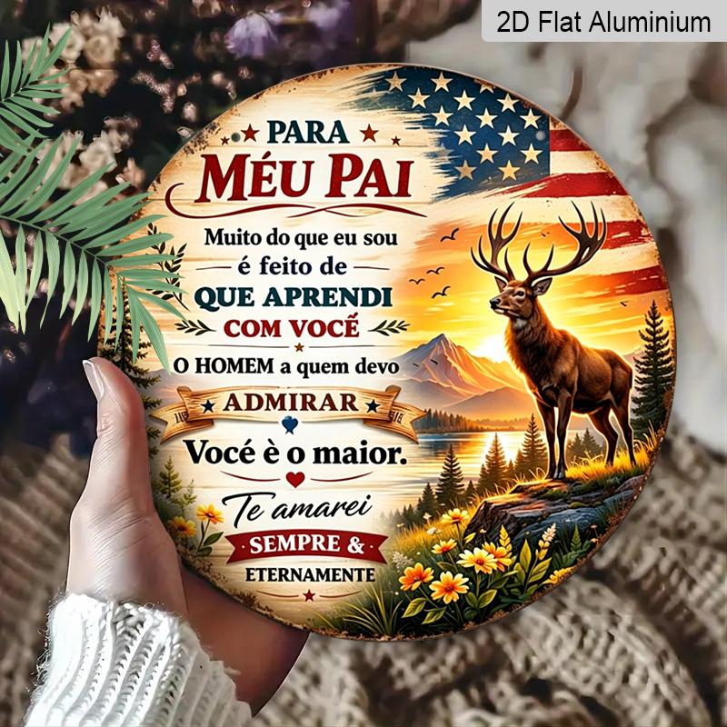 2D Flat, 1pc Portuguese Fathers Day Aluminum Sign, Vintage Deer Sunset Patriotic Design, "Para Meu Pai" Quote Decorative Sign for Home, Pub, Cabin