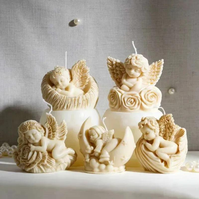 2026 Latest Models Cute Rose Wings Angel Shaped Silicone Candle Molds 3D Cherub SleepMoon Design DIY Shell Snail Angel Resin