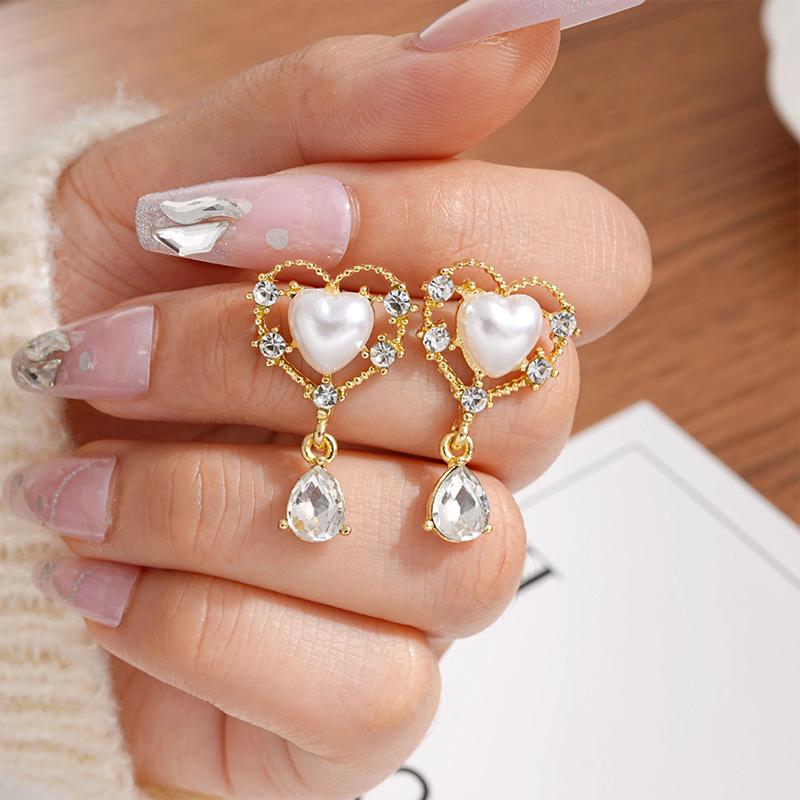 1 Pair Pearl Drop Earrings Trendy Shiny Rhinestone Gold Color Tassel Dangle Earrings For Women Party Jewelry Accessories Gift
