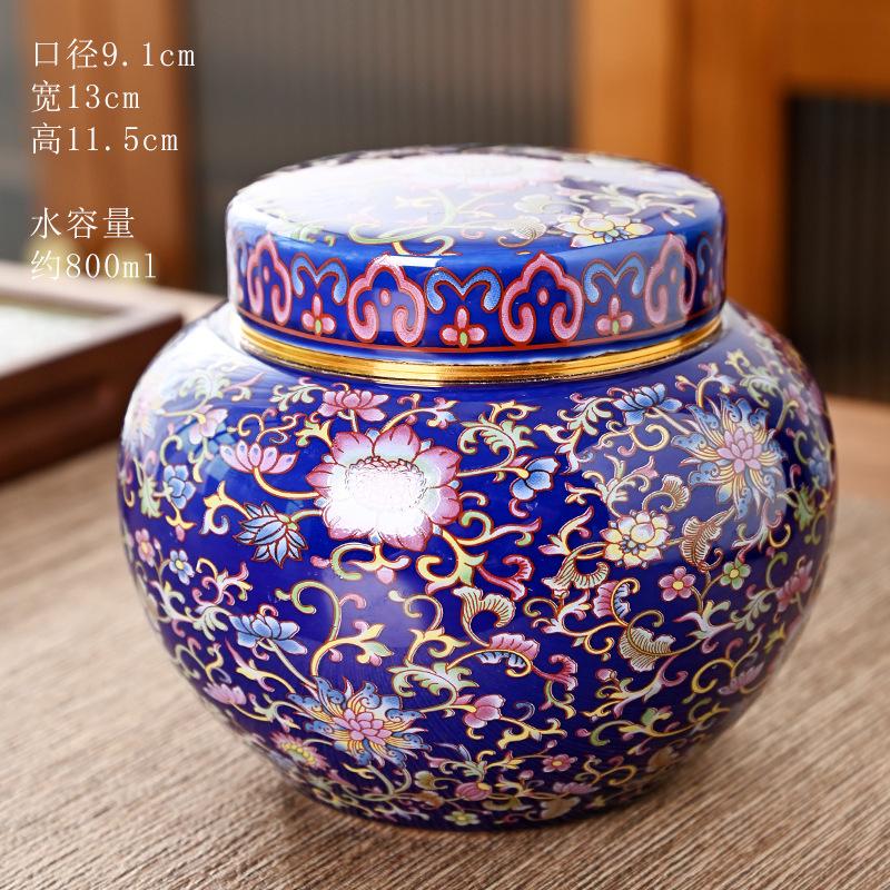 Luxury Gold-plated Ceramic Tea Canister with Climbing Lotus Painted Flowers Storage Jar Craft Desktop Ornament Storage Jar Decor