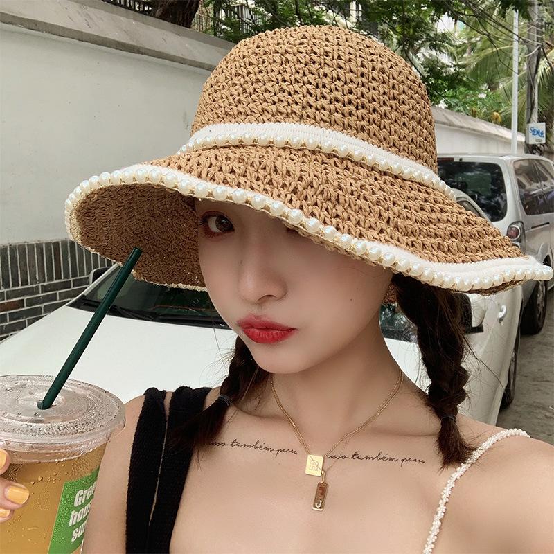 Pearl straw hat summer travel sunscreen sunshade bucket hat new straw seaside vacation net red hat
