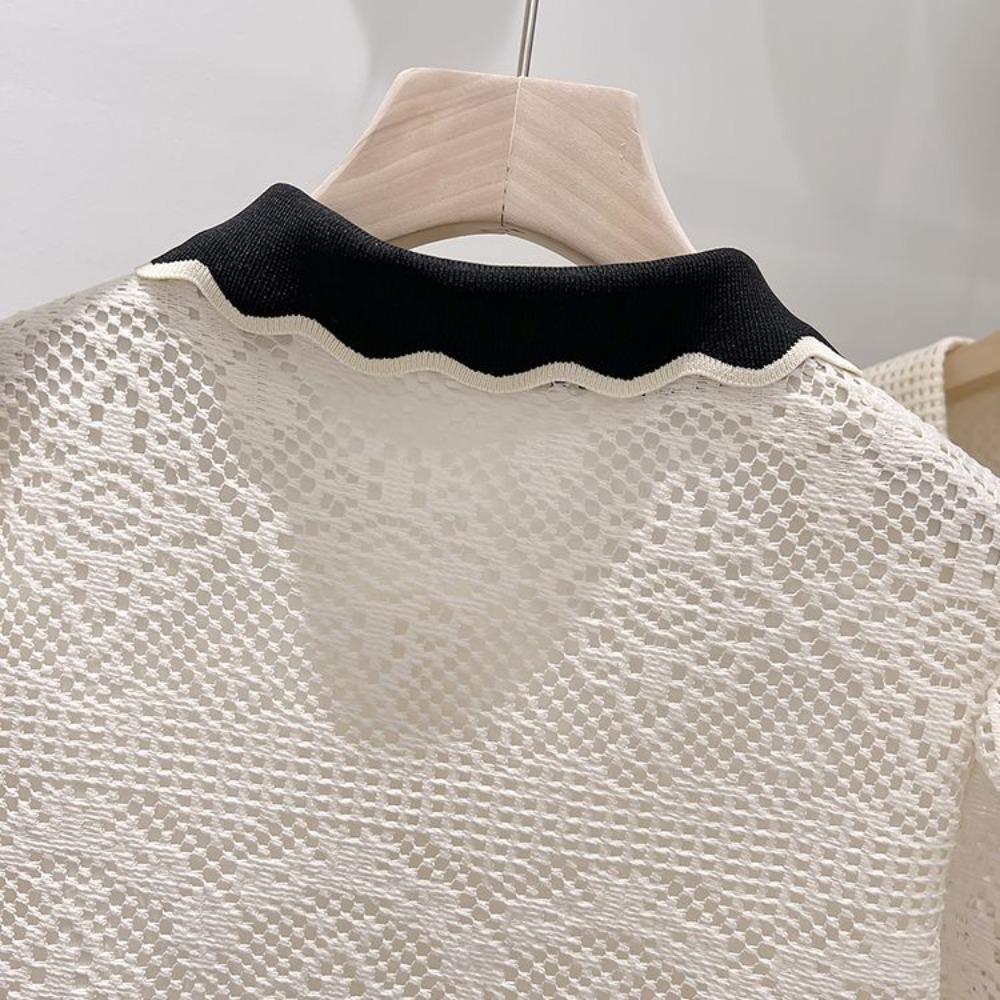 Camicetta in Pizzo Traforato Retro Chic Francese per l'Estate da Donna Nuova alla Moda e Stilosa