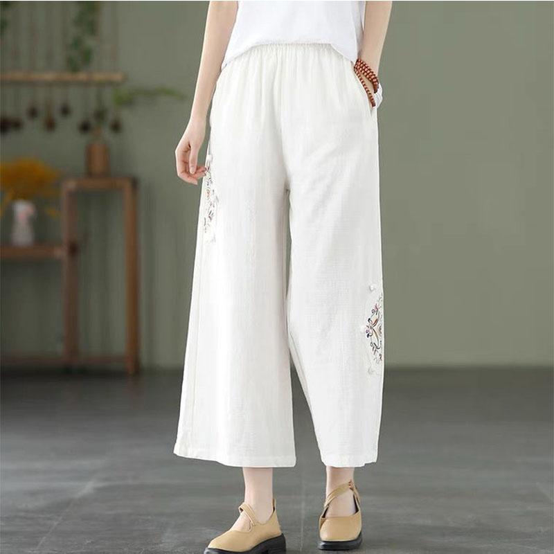 Fashion Women Embroidery High Waist Oversized Pants Summer Cotton Hemp Thin Elastic Band Loose Wide Leg Casual Straight Trousers