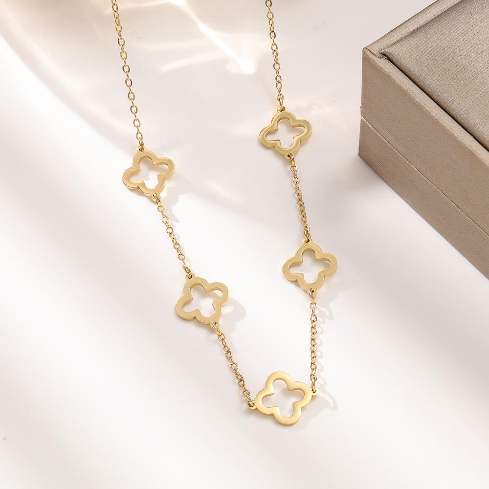 18K Gold Hollow Four-Leaf Clover Jewelry Set: Titanium Steel Bracelet, Necklace, Earrings for Women