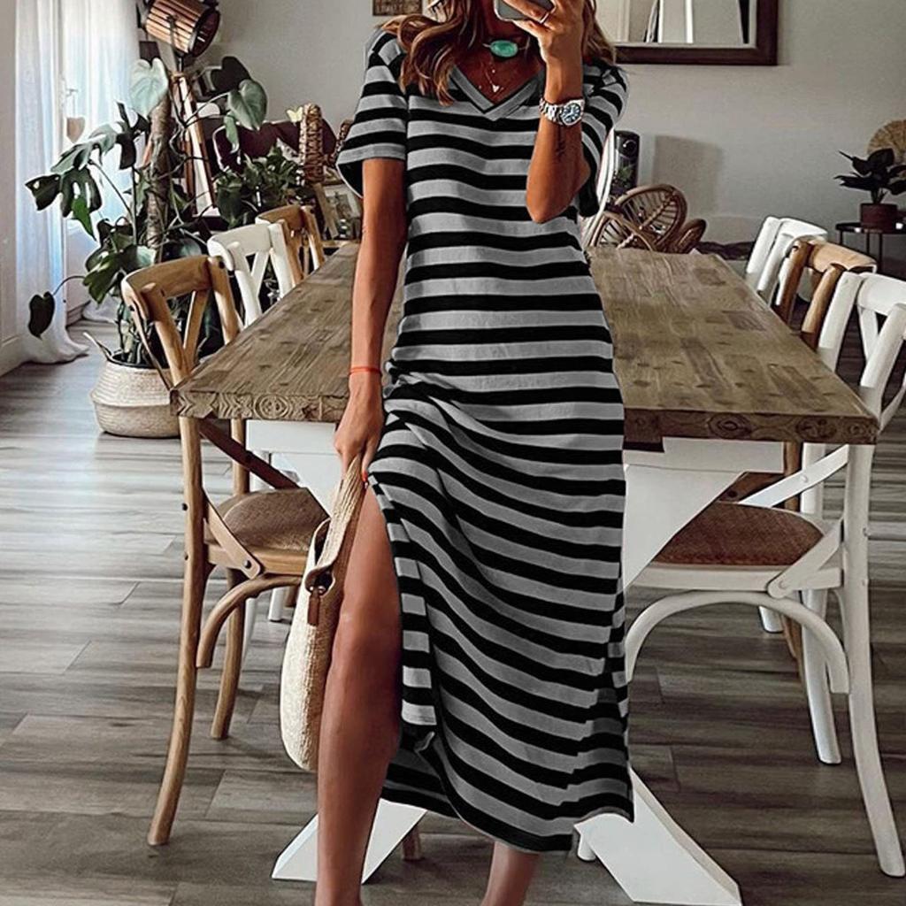 Women's Striped Side Slit Midi Dress V Neck Short Sleeve Casual Holiday Loose Dress