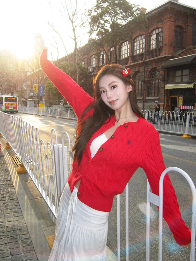 Korean Style Embroidered Pony Logo Knit Cardigan, Versatile Autumn Winter Round Neck Cable Sweater for Women
