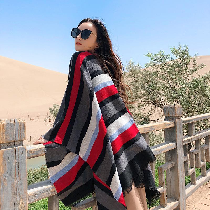 Scarf women's winter outer color matching striped split shawl desert travel photo cape imitation cashmere thickened warm