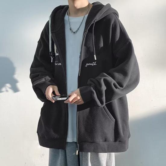 Men Fall Winter Hoodie Letter Print Drawstring Loose Hooded Zip-up Cardigan Outerwear with Pockets Mid Length Sport Jacket