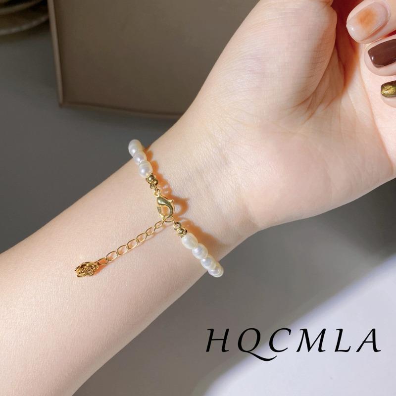 Браслет с пресноводным жемчугом Meier - винтажный дизайн с посеребренными розовыми бусинами и подвеской в виде цветка розы