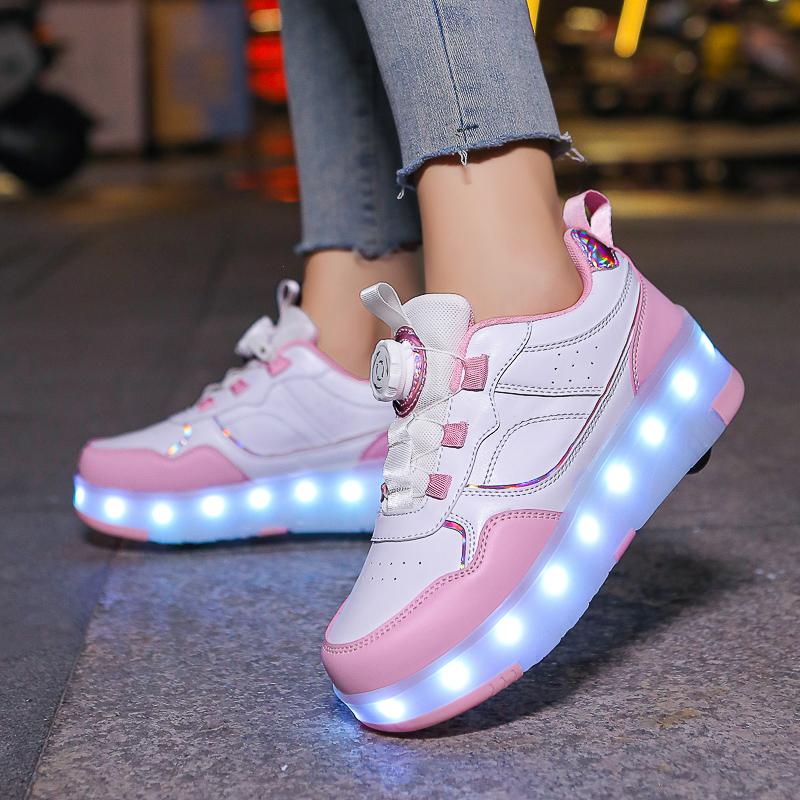 Kid's Rotating Button Wear Quick Four Wheel Running Shoes with Wheels Sports Shoes USB Charging LED Light Sports Shoes Girls Roller Skates