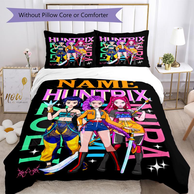 3pcs Custom Name KPop Demon Hunters Bedding Set Duvet Cover Closure Includes 1 Duvet Cover & 2 Pillowcases, Soft and Comfortable for All Seasons.