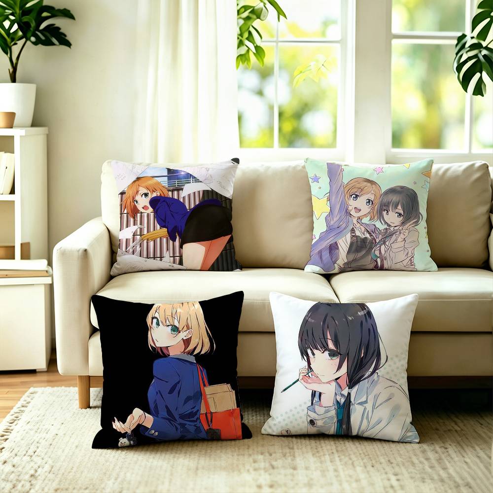 Hot Anime SHIROBAKO Square DoubleSided Printed Pillow Case Bedroom Bedside Pillow Sofa Cushion Cover