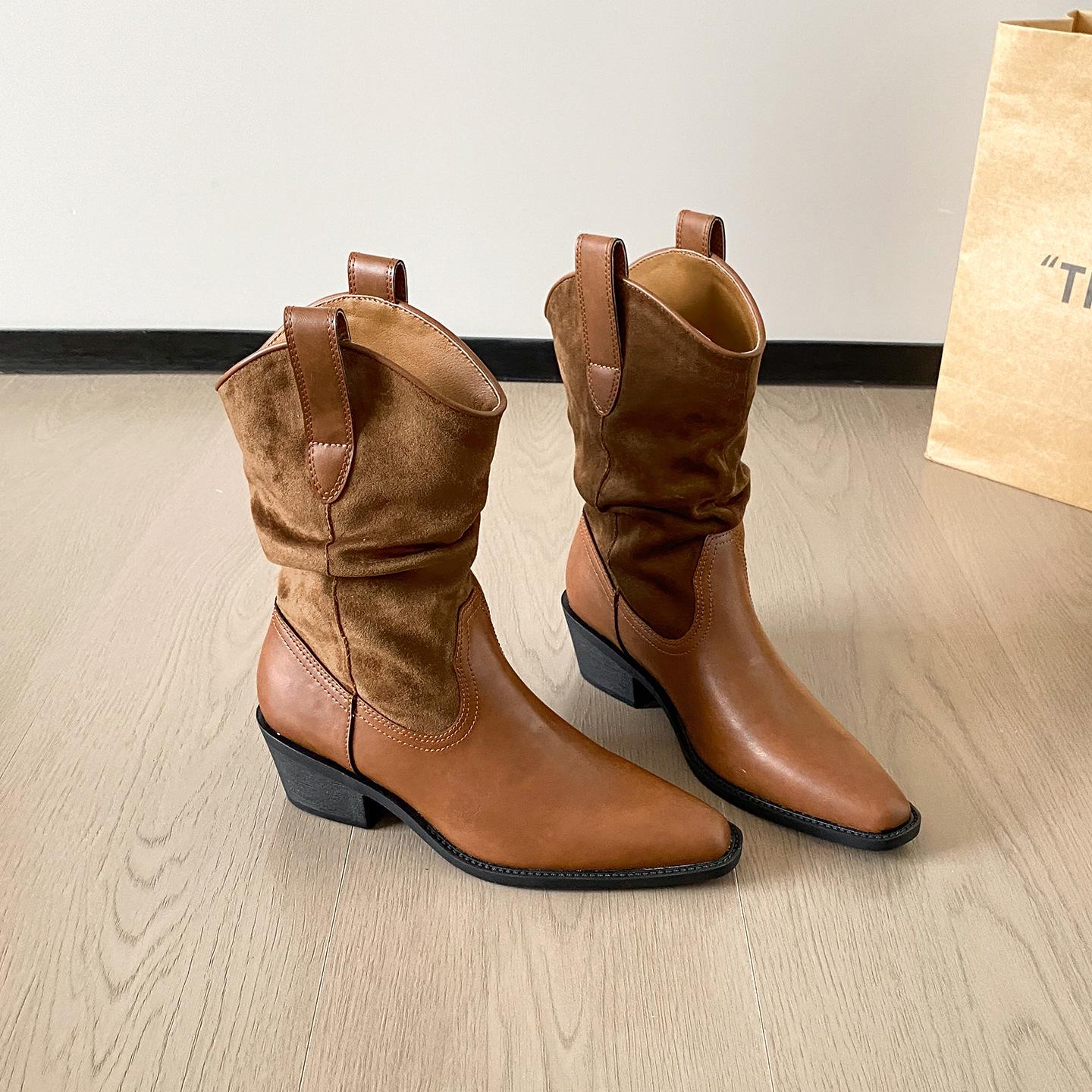 

Женские осенние полусапоги 2025 года из кожи с V-образным вырезом в западном стиле - Массивный каблук, Широкое голенище, Заостренный носок Size 38 коричневый