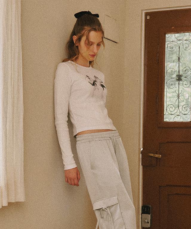 RONRON Double Ribbon Slim Crop Long Sleeve White Silver