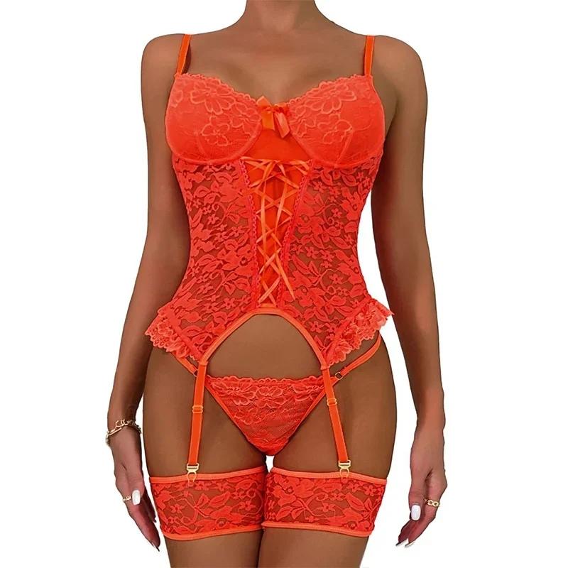Erotic Lingerie Set Women Intimates Sexy Sheer Lace Bra+ Garter Belt+thong Sexy Underwear Bodysuits