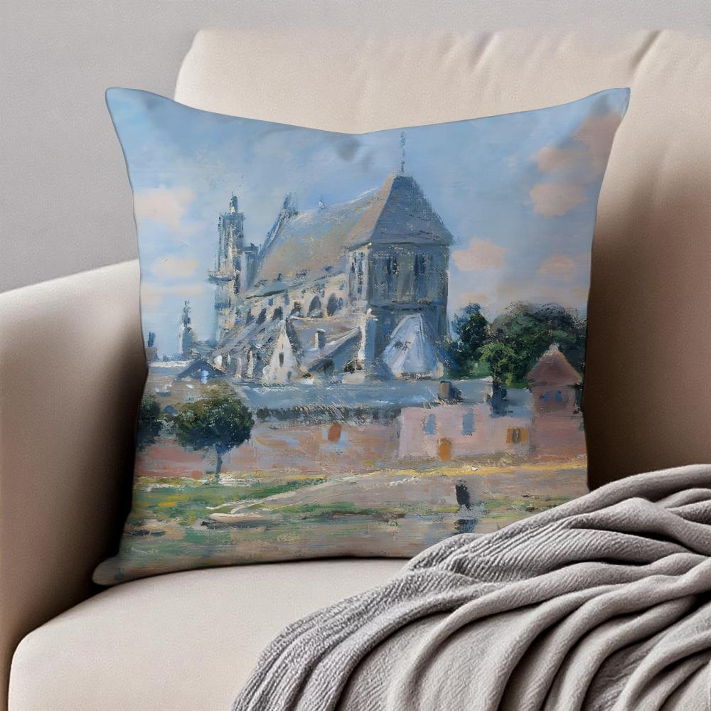 Famous Classic Oil painting Art CClaude Monet Cushion Cover Pillowcase Antidustmite Invisible Zipper Short Plush Sofa Cushion