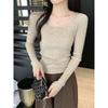 Texture square collar inner top bottoming shirt women's spring and autumn sweater slim and thin pit strips front shoulder long sleeves