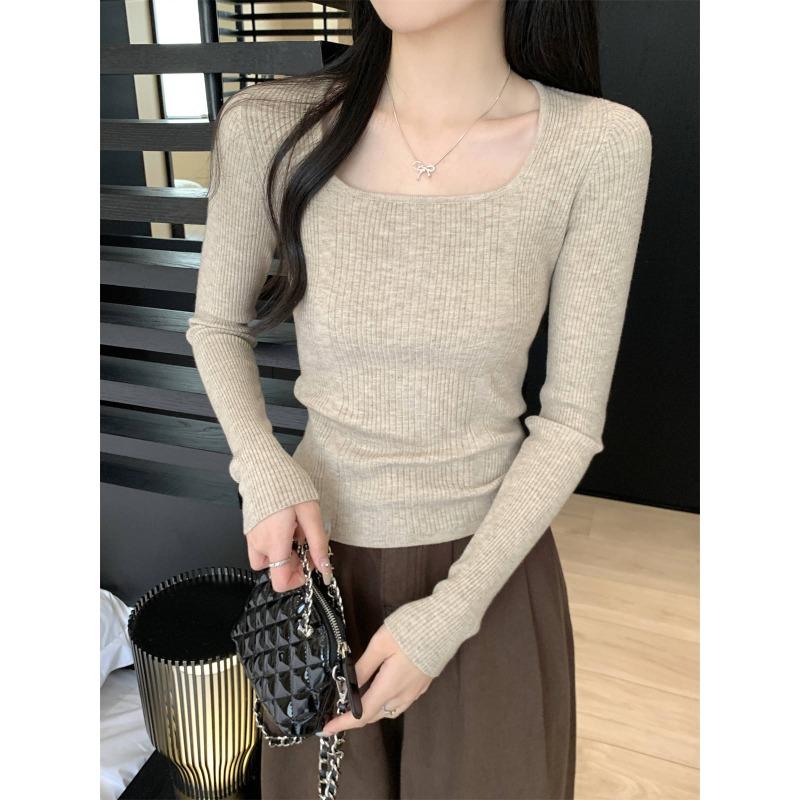 Texture square collar inner top bottoming shirt women's spring and autumn sweater slim and thin pit strips front shoulder long sleeves