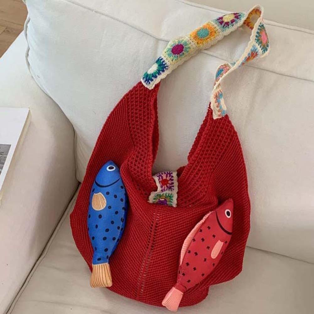Fish Cotton Crochet Shoulder Bag Summer Tassels Beach Handbag Leisure Hollow Out Woven Bag  Beach