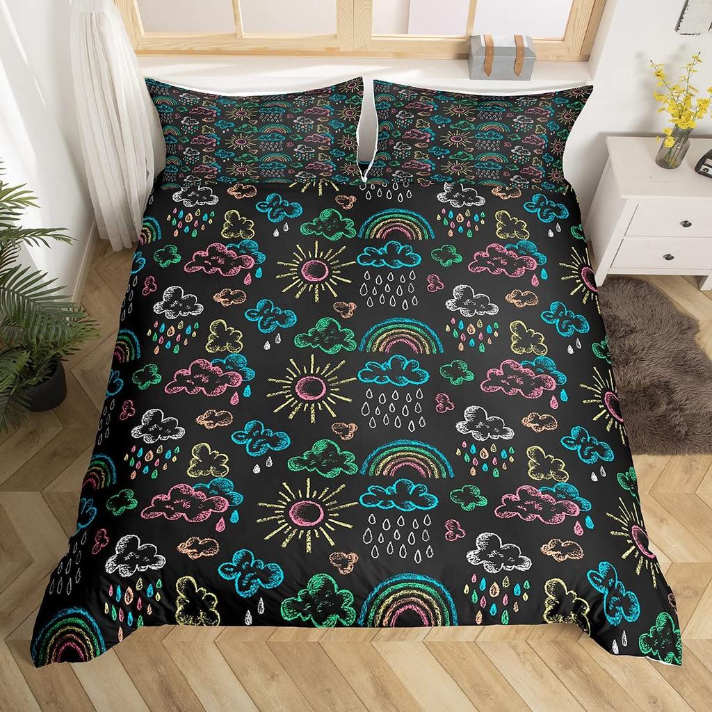 Kawaii Rainbow Duvet Cover Cartoon Iridescent Print Bedding Set For Girls Kids Room Twin,Cute Stars Clouds Decor Comforter Cover