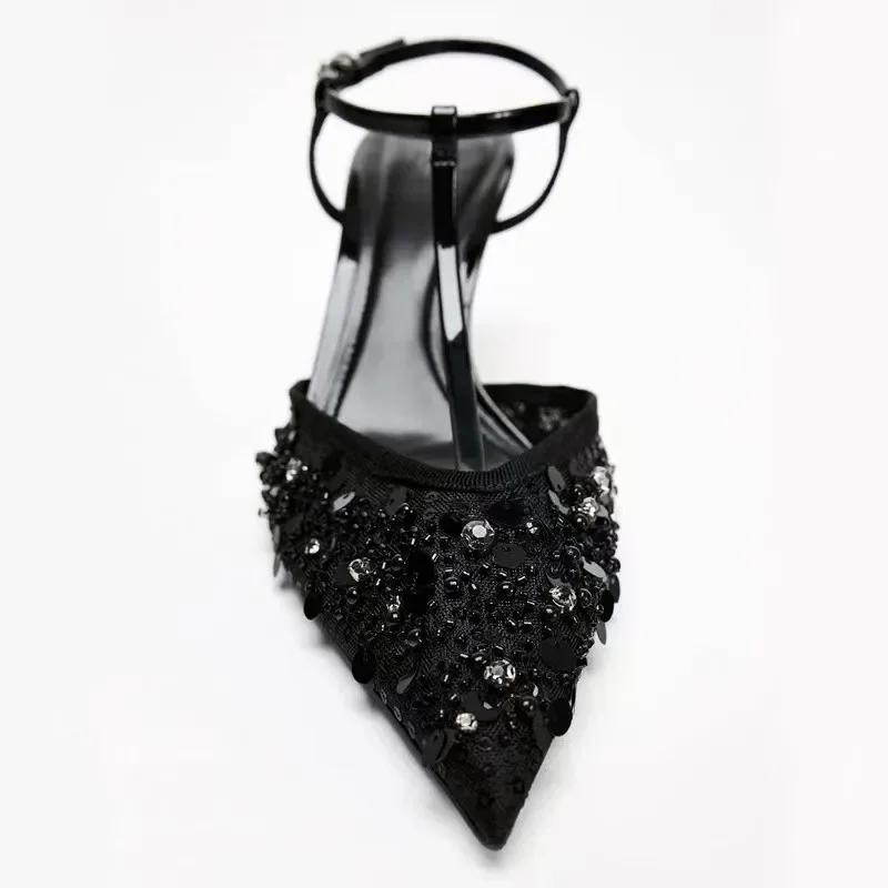 Fashion Sexy Pointed Toe String Bead Heels Party Shoes Summer Ankle Strap Heeled Sandals Women Elegant Bling Black Mesh Designer Pumps