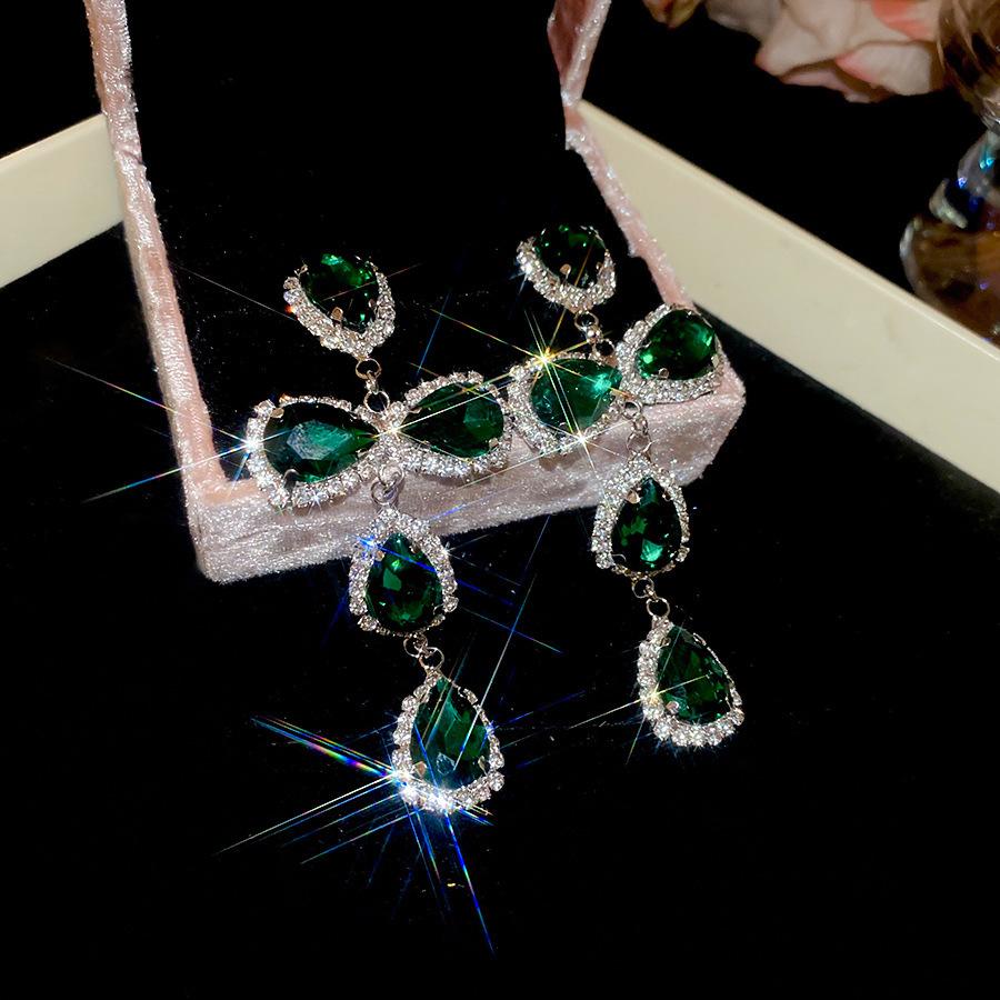 Emerald diamond leaf fringed earrings light luxury stud earrings women's European and American earrings