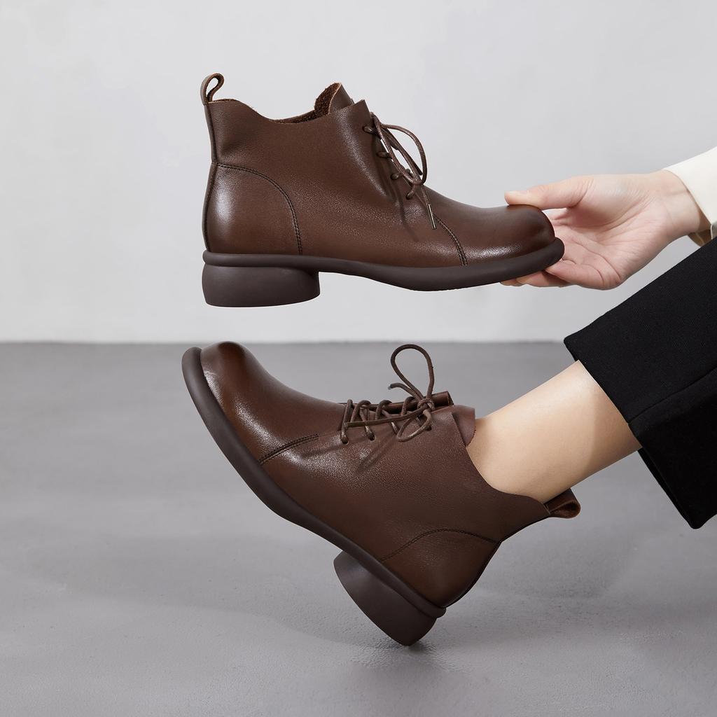 Leather Boots Women's Martin Boots 2026 Spring and Autumn New Thick and Comfortable Bare Boots Short Lace-up Single Boots
